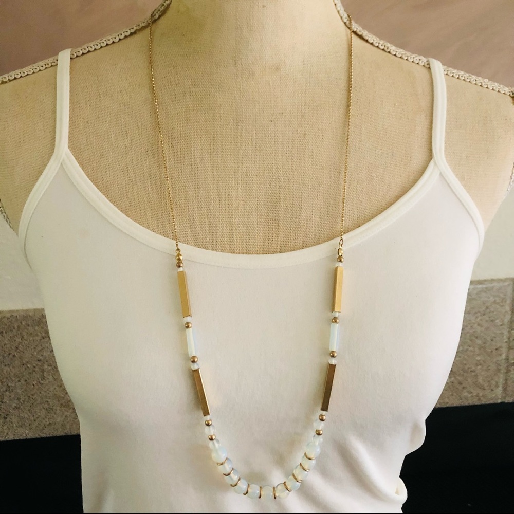 Elegant opalescent bead gold bar long length necklace